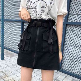 Sale Fashion Harajuku Skirt Female Summer Belt Waistband Overalls High Waist Pleated A-Line Mini Girl Street 210601