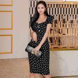 summer style korean fashion temperament square neck thin sexy half sleeve split office party for women dresses 210602