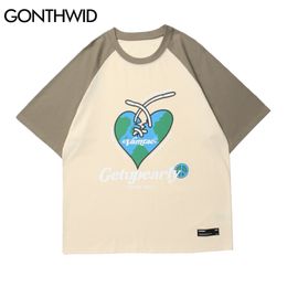 Short Sleeve Tees Hip Hop Harajuku Men Color Block Patchwork Broken Heart Print Cotton T-Shirts Casual Streetwear Tops 210602