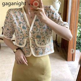 Summer Ladies Elegant Short Sleeve Blouse V Neck Crop Tops Women Button Up Vintage Floral Shirts Woman Clothing 210601