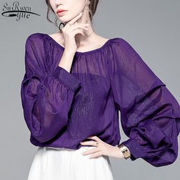 Fashion Chiffon Blouse Women Lantern Sleeve Top Female Autumn Vintage Purple Loose Sexy Perspective Shirt Blusa 11842 210427