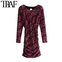 TRAF Women Chic Fashion Floral Pattern Pleated Velvet Mini Dress Vintage Long Sleeve Backless Female Dresses Vestidos 210415
