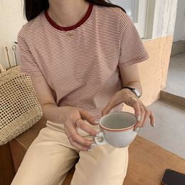 Striped Thin Knit Short Sleeve Tshirts for Women Summer Silm Casual Loose O-neck Crop Tops Elegant All-match Tee Female 210525