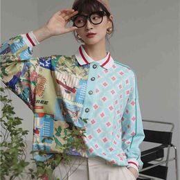 Spring and Autumn Long Sleeve Polo Blouse Women's Loose Chinese Style Splicing Retro Printed Shirt Plus Size Shirts 210719