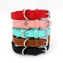 5 Colors PU Small Dogs Collars XS-M Adjustable Zinc Alloy Solid Color Puppy Collar Comfortable Durable Pets Supplies Accessories 211026