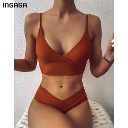 INGAGA High Waist Bikinis Swimwear Women Push Up Swimsuits Solid Ruched Biquini Top Wrap Bathing Suits Strap Swim Suit 210621