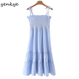 Blue Striped Sexy Sling Dress Sweet Women Sleeveless Knee Length Elegant Summer Vestido 210430