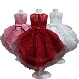 Red Christmas Party Costume For Girls 4-10 T Kids Mesh Girls Tutu Vestidos Flower Wedding Girls Ball Gown New Year Clothing G1215