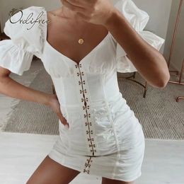 Summer Women White Mini Short Sleeve Single Breasted Sexy Bodycon Pencil Dress 210415
