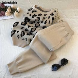 Women's Long Sleeve Knit Leopard Pullover Sweaters+Elastic Waist Pants Sets Fashion Trousers Two Pieces Costumes Outfit 2021 Y0625