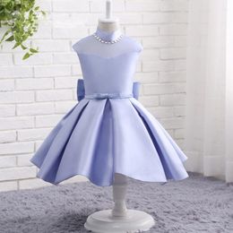 Fashion Design High Collar Sheer Neck Flower Girls' Dresses A-line Light Blue Baby Girls Wedding Back Bows Illusion Prom Gowns