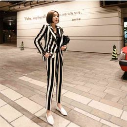 Runway Fashion 2 Piece set women's OL business office work wearing pant suits Pink Striped Top+pants 210514