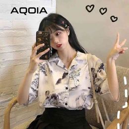 Summer Chinese Style Short Sleeve Women Blouse Shirt Ink painting Printing Ladies White Button Up Female Clothing 210521