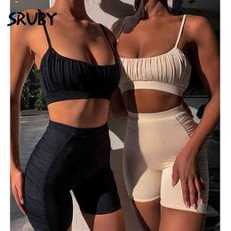 SRUBY Ruched Sexy Bodycon Two Piece Set Women Crop Top Pants Solid Sleeveless Tracksuit Set Female Summer Party Midi Outfit 2020 X0428
