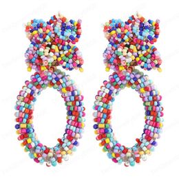 Bohemian Handmade Beaded White Flower Dangle Earrings for Women Fashion Cute Geometric Oval Drop Earring Statement Jewellery