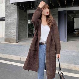 Women Clothing Autumn Winter Korean Long Loose Oversized Sweater Knitted Flower Color Cardigan Female Coat 9022A 210420