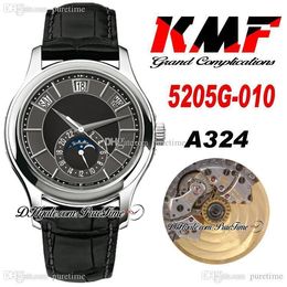 KMF Complications Annual Calendar Cal.324SC Automatic Mens Watch 5205G-010 Steel Case Moon Phase Black Dial Leather Strap Watches Super Edition Puretime E01a1