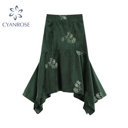 Green Retro Vintage Skirt Womens Midi Flannel Hem Irregular Design High Waist Skirt Floral Embroidery Spring Clothing 210417