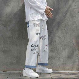 Marchio alla moda dei jeans dei graffiti degli uomini sciolti versione coreana dritta della tendenza delle tute oversize nove punti sui pantaloni della tuta H1223