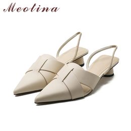 Meotina Shoes Women Sandals Pointed Toe Slingback Thick Heel Fashion Ladies Shoes Mid Heel Sandals Beige Yellow 210520