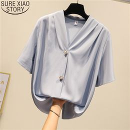 Women Summer Spring Korean Solid Casual Pullover V-neck Blouses Short Sleeve Chiffon Shirts Thin Tops 9138 210417