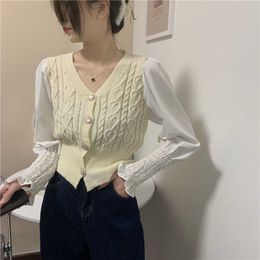 Sexy Retro Casual Patchwork V Neck Crop Cardigans Women Slim Wild Long Sleeve Knitted Sweater Coat Pull Femme Jumpers Fashion 210610