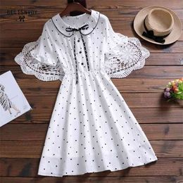 Mori Girl Summer Women White Dress Peter Pan Collar Polka Dot Ribbon Sweet Flare Sleeve Cute Kawaii Korean Elegant 210520