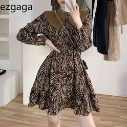 Ezgaga Elegant Dress Women Vintage Lantern Sleeve Peter Pan Collar Shawl Korean Chic High Waist Stripe Dress Fashion Vestidos 210430