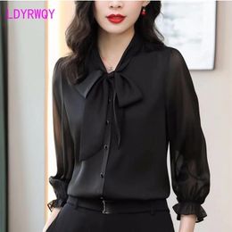 LDYRWQY design bow chiffon fashion temperament blouse black spring shirt women Office Lady 210416