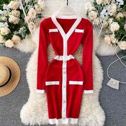 Women Korean Knitted Dress Design V Neck Long Sleeve Elastic Slim Pencil Dresses Autumn Sexy Bodycon Sweater Dress 210419