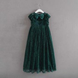 Kids Long Dress Christmas Emerald/red Bowknot Design Backless Cap Sleeve Lace Dresses for Girls High Quality Clothes Xmas Q0716