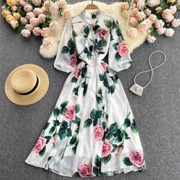 Elegant Women's Fashion Sweet Bow Collar Half Sleeve Chiffon Print A-line White Dress Vestidos De Mujer Clothes S641 210527