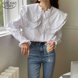 Korean Chic Turn Down Collar Ruffled Woman Blouses White Tops Long Sleeve Shirt Women Loose Casual Fashion Clothing Blusas 13905 210527