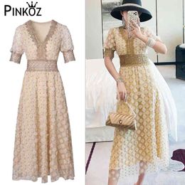 Elegant Patchwork Flower Embroidery Lace Print Dresses Female V Neck Half Sleeve High Waist Hollow Out Dress Women Chic 210421