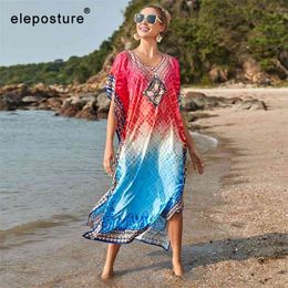 Print Beach Dress Women Bikini Cover Up Long Tunics Loose Plus Size Swimsuit Summer Wear 210521