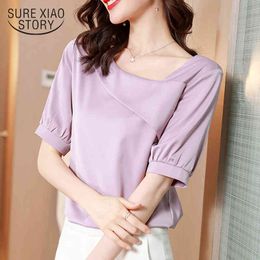 Office Lady Skew Collar Satin Shirts Summer Short Sleeve Silk Women Blouse and Tops Plus Size Female Clothing 13906 210415