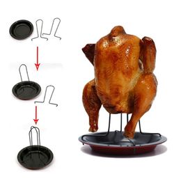 Non-stick Chicken Roaster Rack Dish Barbecue Fork Bake Pan BBQ Tools Accessories Cooking Carbon Steel Outdoor 210423