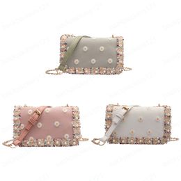 Ladies Flower Embroidery Shoulder Bag Girls Chain Strap Faux Pearl Messenger Bag Sweet Style Square Crossbody Bags