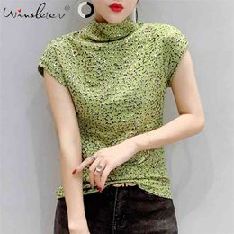 Summer Leopard T shirt Women Hollow Out Mock Neck Sleeveless Slim Tops Tee Casual ropa mujer T02415B 210421