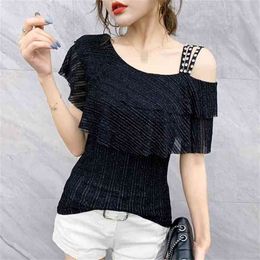 Summer European Clothes T-shirt Sexy Shiny Skew Collar Rivet Women Tops Ropa Mujer Fashion Short Sleeve Stretchy Tees T06218 210623