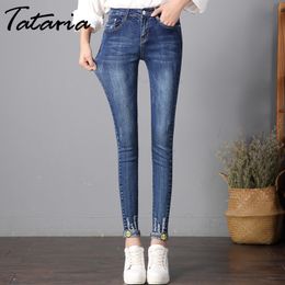 Jeans for woman Skinny Flanging Denim Vintage Pants Women Mujer Slim Stretch Smile Embroidery Ankle Length For 210514