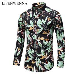 Plus Size 5XL 6XL 7XL Long Sleeve Flowers Shirts Autumn Men's Button Down Social Hawaiian Floral Shirt Business Shirts 210528