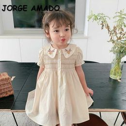 Summer Teenager Girls Dress Embroidered Flowers Collar Elastic Bust Princess Dresses Cute Style Fashion Clothes E1015 210610