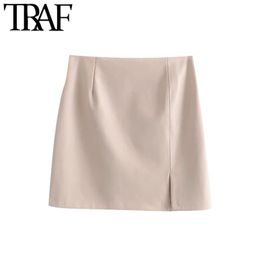 Women Chic Fashion Faux Leather Front Slit Mini Skirt Vintage High Waist Back Zipper Female Skirts Mujer 210507