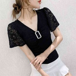 summer Casual T-shirt Lace Drill buckle Lotus leaf sleeve V-neck Top Women T Shirt Plus Size 210507