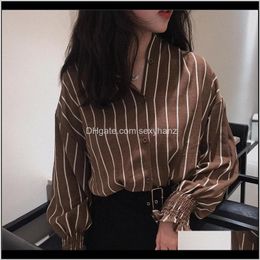 Blouses & Womens Clothing Apparel Drop Delivery 2021 Autumn Spring Vintage Striped Slim Stand Collar Women Casual Shirts Ladies Classic Style