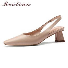 Meotina Pumps Women Genuine Leather Mid Heel Slingbacks Shoes Square Toe Block Heels Dress Footwear Female Autumn White Apricot 210608