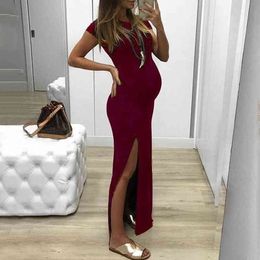 2021 Maternity Dresses Pregnant Womens Clothing Dress Fashion Women Solid Short Sleeve Open Fork Pregnancy Maternity Dress G220309