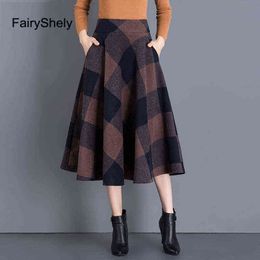 FairyShely Autumn Winter High Waist Umbrella Pleat Skirt Women Casual Pocket Woollen Grid Skirt Female Knee Plaid Skirt 211120