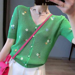 Temperament v-neck embroidery loose knit sweater all-match slim pullover top summer fashion women's clothing 210520